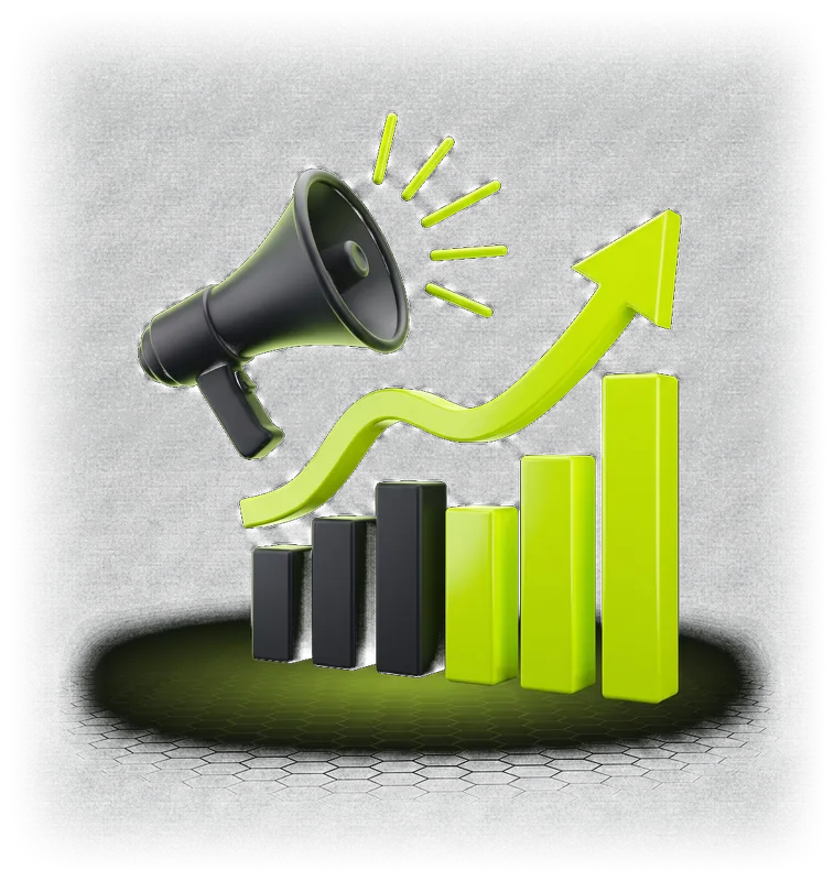 3D render of a black megaphone beside a lime bar chart, with a glowing lime arrow curving upward against a dark background