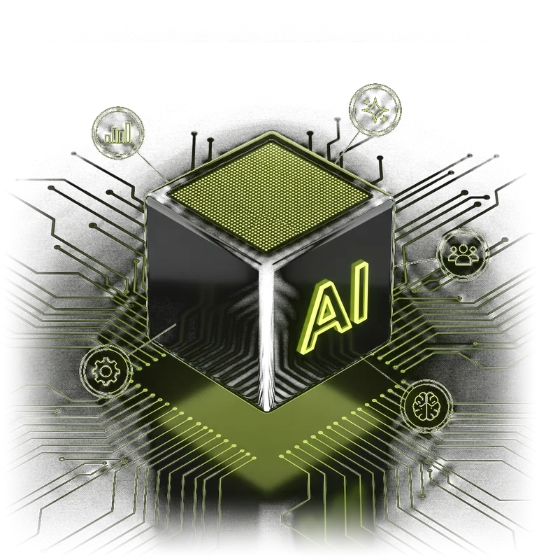 3D render of a dark cube with a glowing AI monogram, set on a lime circuit-board surface radiating fine circuit lines