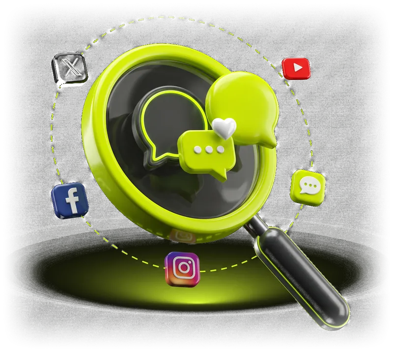 3D render of a lime magnifying glass over chat bubbles, orbited by social platform icons on a dark background