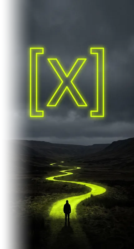 Neon lime bracketed X monogram glowing in a stormy sky above a dark valley, with a lime path winding toward the horizon
