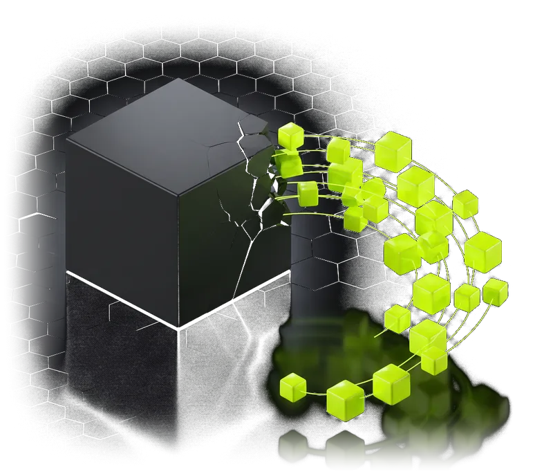 3D render of a dark monolithic cube cracking open and releasing a stream of small lime cubes along orbital arcs
